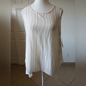 ZAC & RACHEL Top Petite Large White Khaki‎  Striped Lace Sleeveless Scoop Neck